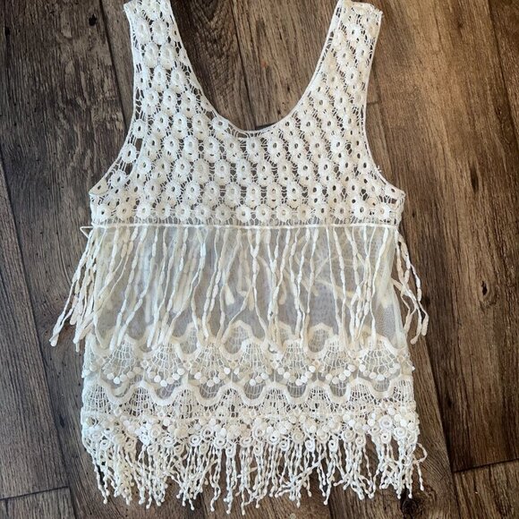 White Crystal K Boho Crochet Mesh Sheer Fringe Top y2k - Picture 7 of 7